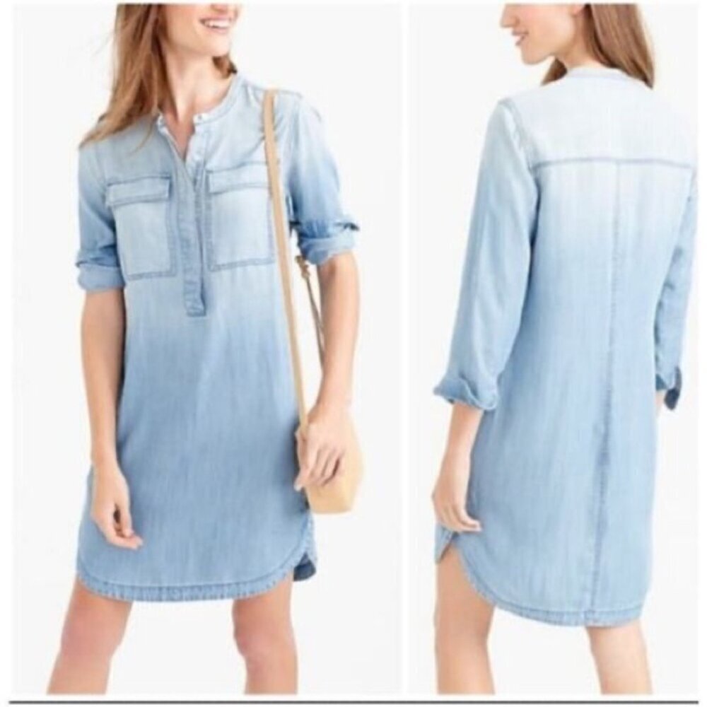 J. Crew Drapey Chambray Collarless Shirt Dress, Chambray Blue, Size Small